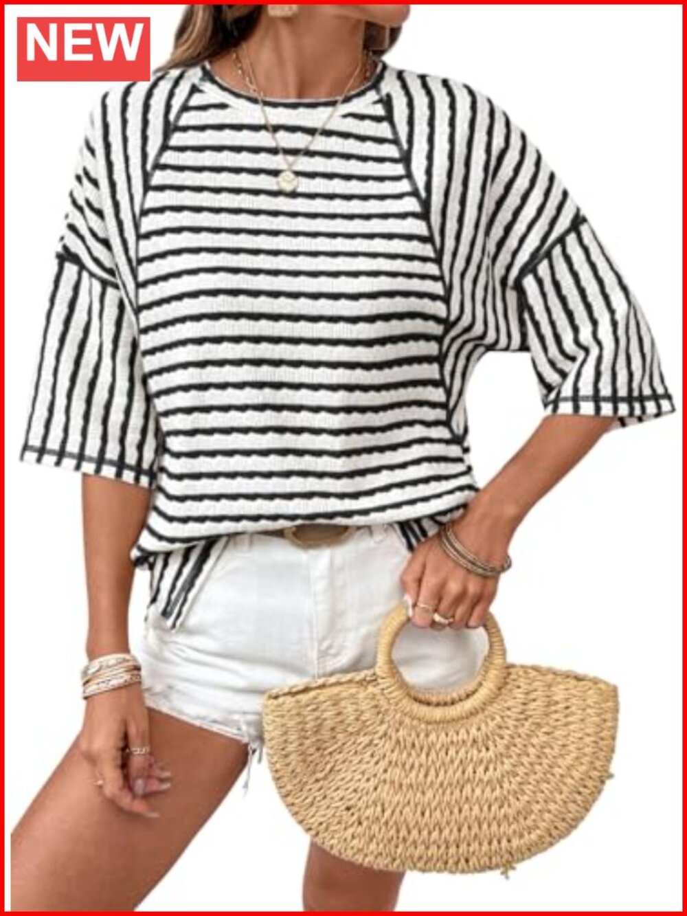 Womens Oversized Striped Short Sleeve Crewneck Casual Tee Blouse